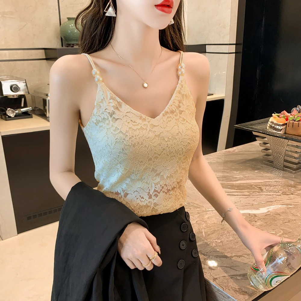 

Solid Corset Lace Camis Tops For Women Soft V Neck Tops Hollow Sheer Floral Lace Mesh Camisoles Spaghetti Strap Vest Female