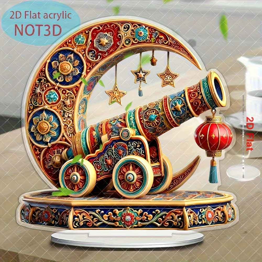 New Moon and Turret Acrylic Decorative Belt Base - Flowers，Stars， Lantern Design -Desktop Home Office Ramadan Eid Gift ，2D Plane