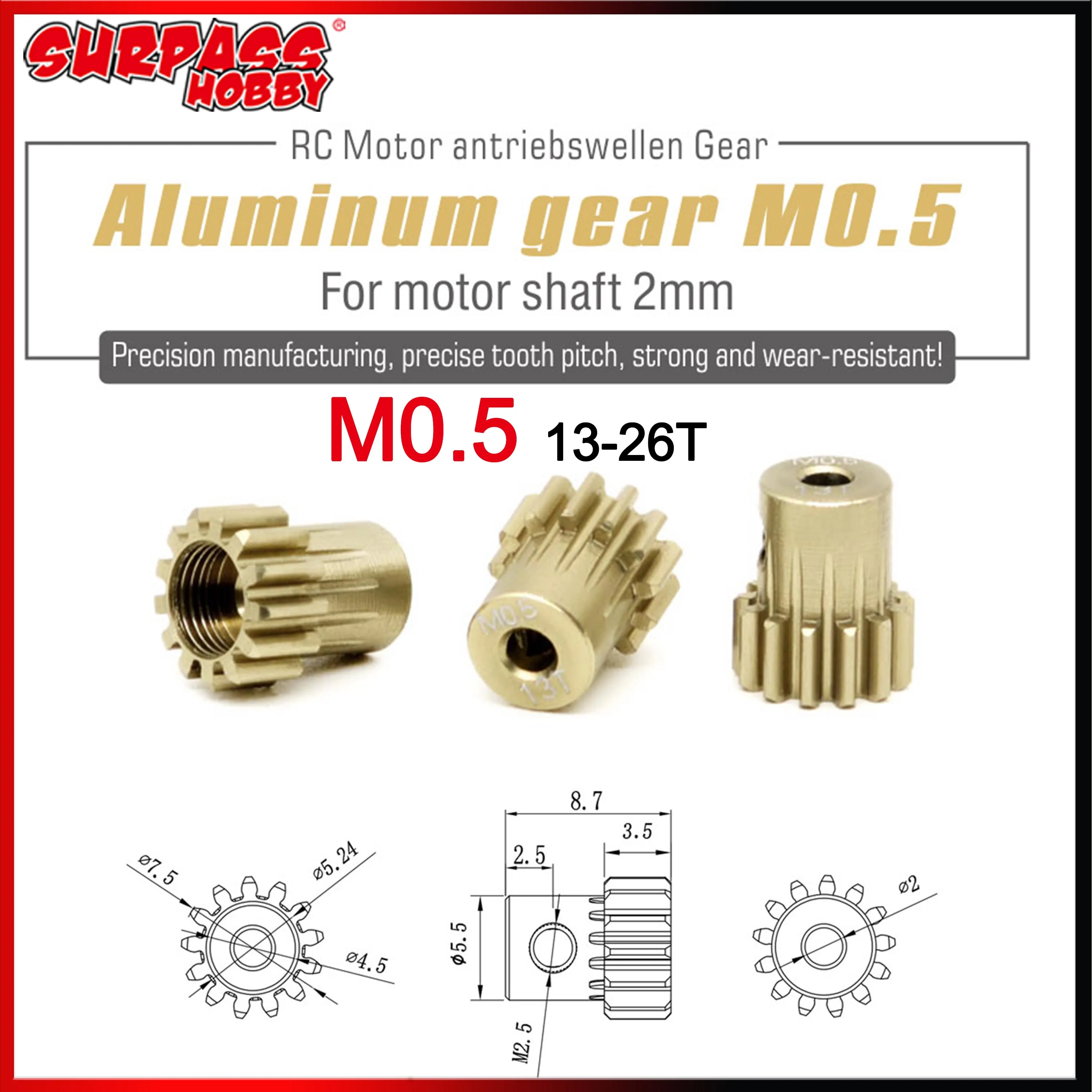 

M0.5 2mm Shaft Aluminum Pinion Gear 13T-26T 14T 16T 18T 20T 22T 24T 0.5M for 1/28 1/24 RC Mini Car 2WD Buggy Brushless Motor Kit