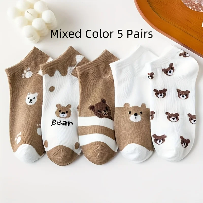 10 pairs of women's cartoon bear pattern socks - soft, breathable, elastic casual socks with cute bear faces
