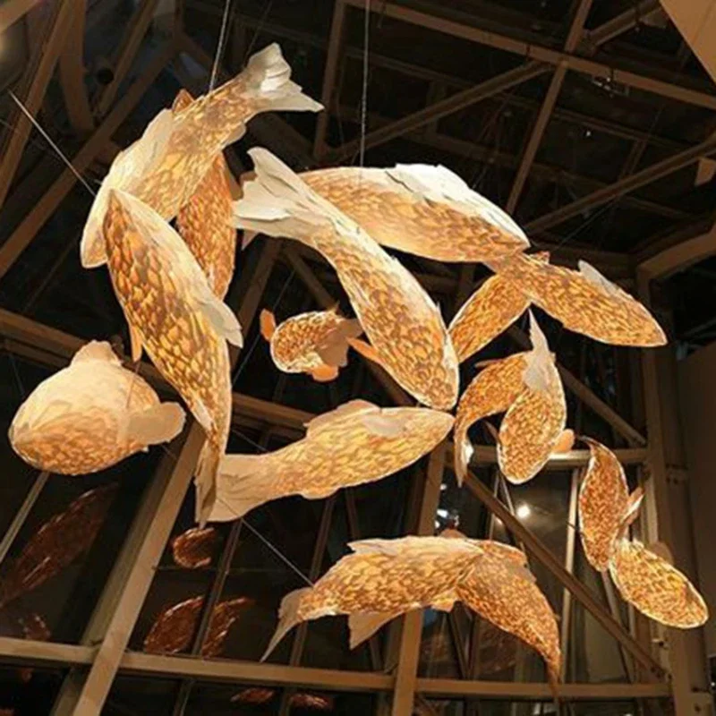 Fish Shaped Wooden Chandelier New Chinese Restaurant Living Roomretro Hotel Homestay Decoration Japanese Carp Hanging Lights