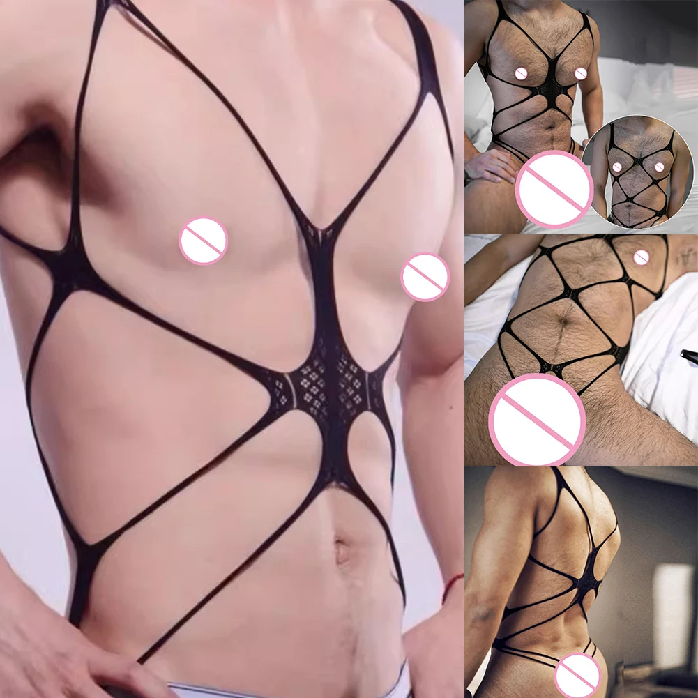 Men Leotard Sexy Breathable Mesh Bodysuit Pouch Slimming Underwear Nightclub See Through Body Stockings Fishnet Pantyhose