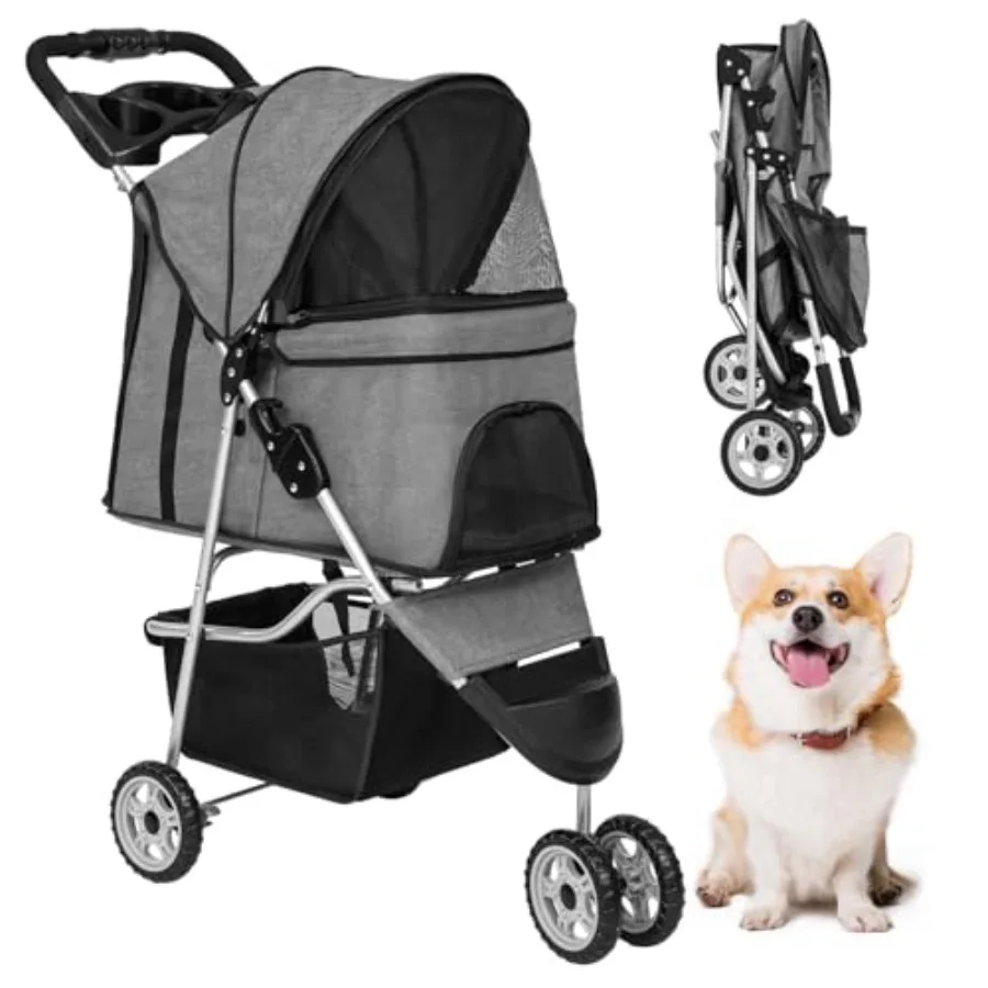 

Pet stroller for outdoor walking and travel, aluminum alloy frame, grey, foldable 3-wheel design with storage basket and cup ho