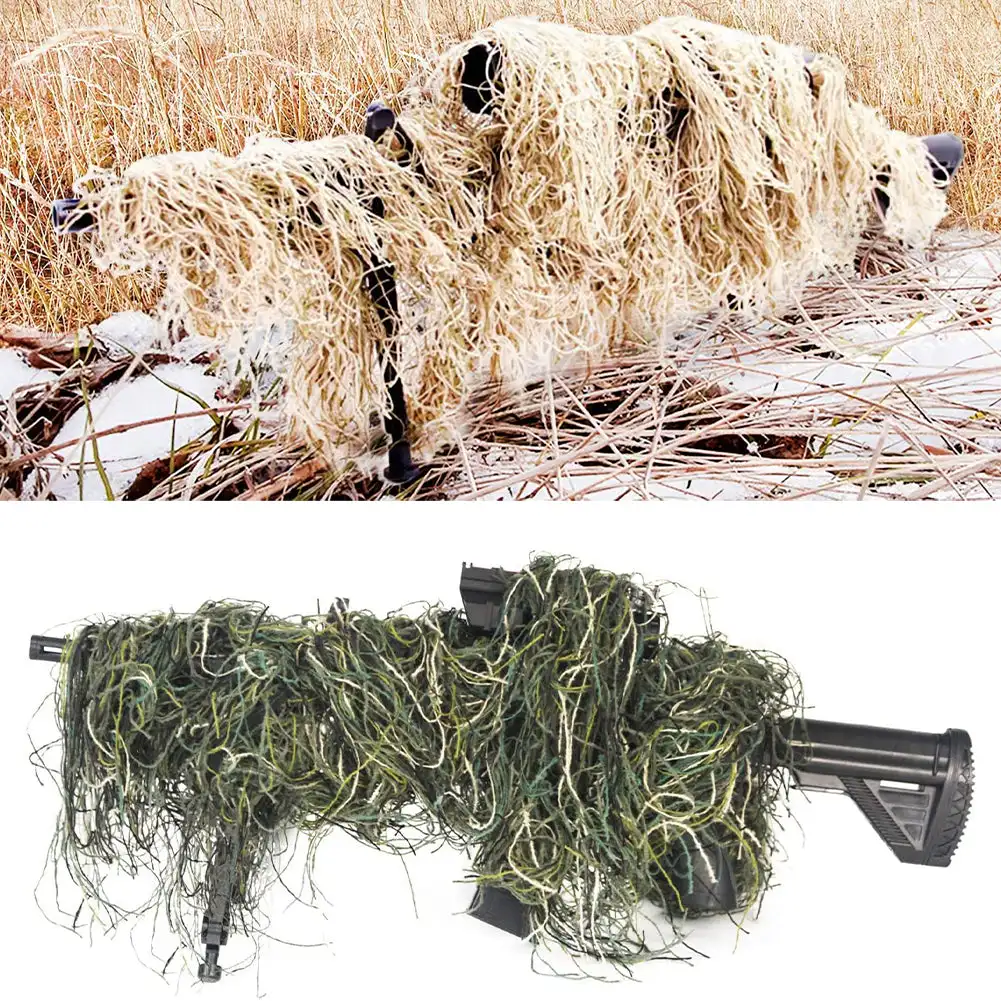 Tactical 3D Rifle Sniper Ghillie Cover for Hunting Ghillie Suit Woodland-Desert Camo Gun Wrap for Paintball Airsoft Accessories