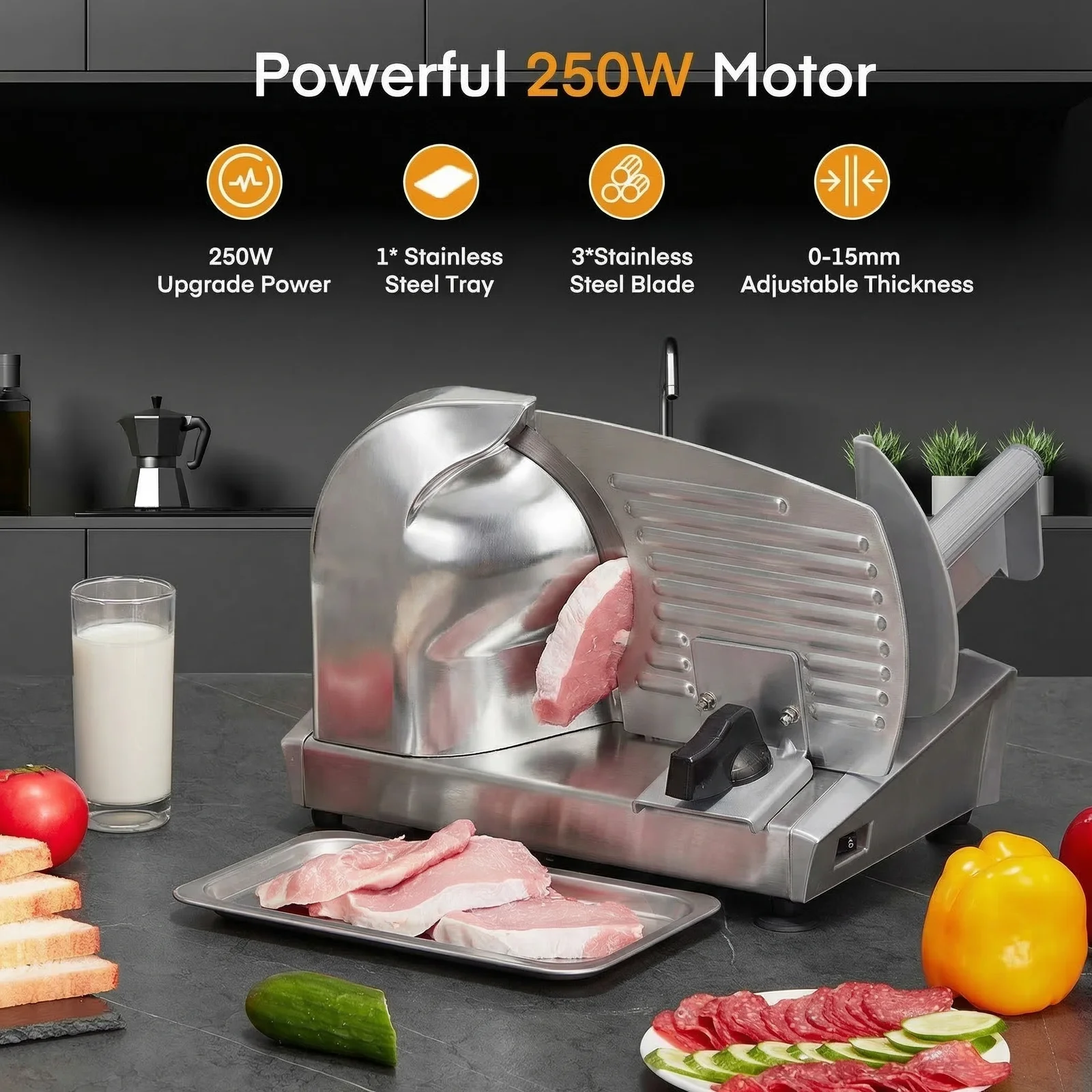 250W Compact Electric Deli Slicer, 3 Blades for Soft to Firm Foods (Bread Fruit Meat Cheese), 0-15 mm Thickness Dial, Removable Parts for Quick Hand Wash,Safe Lock Design,silver
