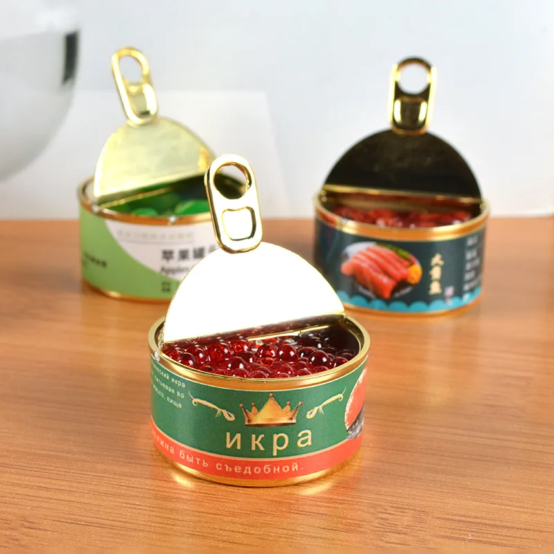 Simulated Canned Keychain Creative Caviar Beef Canned Prop Model Doll House Miniature Food Play Car Bag Pendant Ornaments Gift