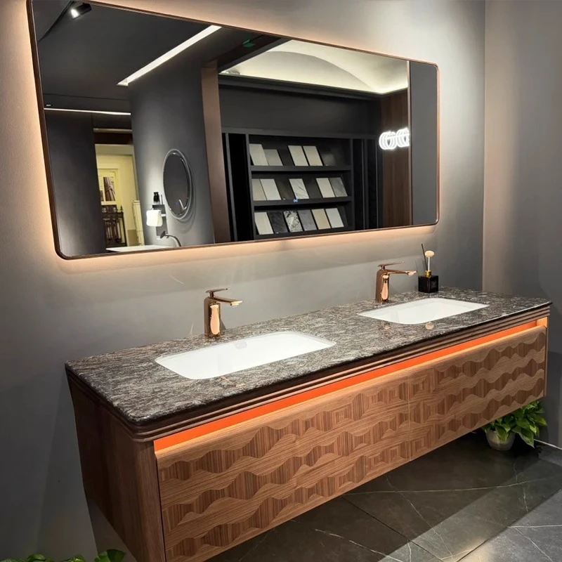 Wind light luxury design solid wood bathroom cabinet combination natural marble countertop bathroom high sense