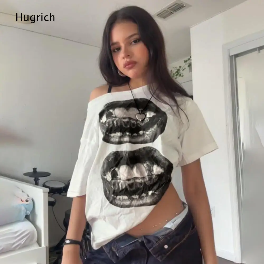 Retro Mouth Tooth Printed Off Shoulder T Shirt White Short Sleeve Loose Cropped Hem Trendy Streetwear For Young Women