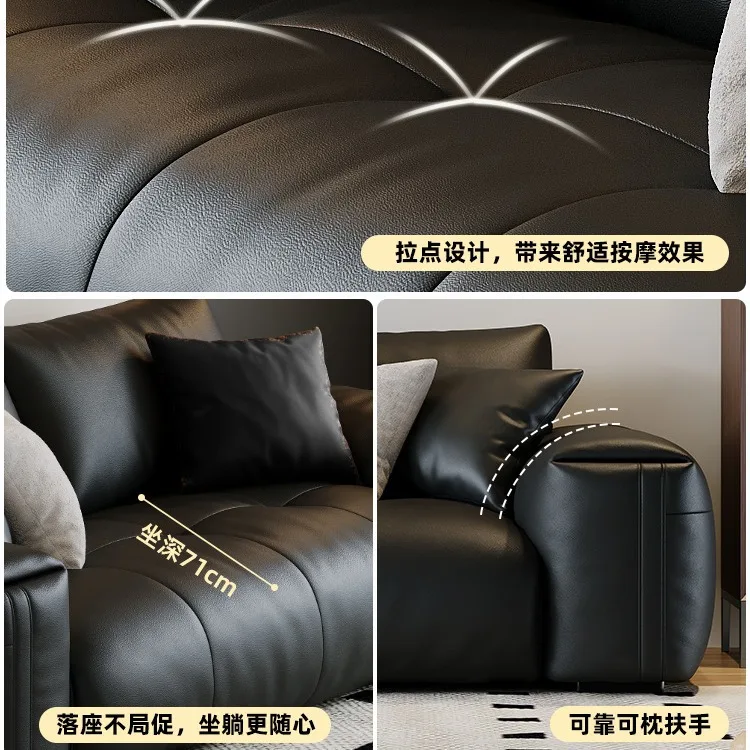 Leather sofa first layer cowhide living room small apartment three-person black straight row sofa