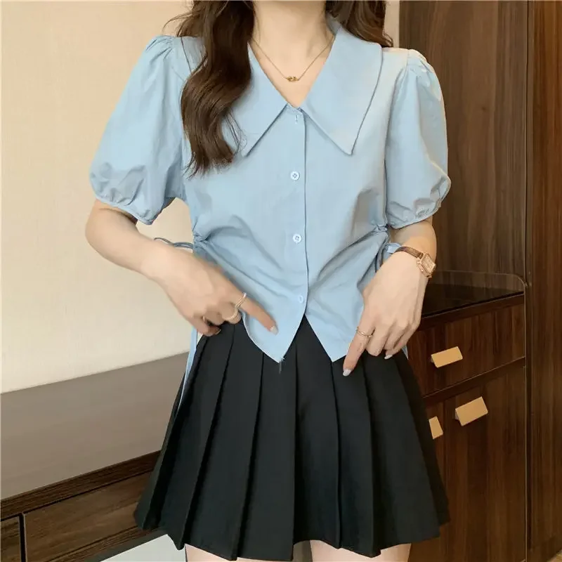 Shirts Women Sweet Solid Puff Sleeve Lace Up Simple Korean Style Square Collar Summer Leisure All-match Trendy Popular Hot Sale