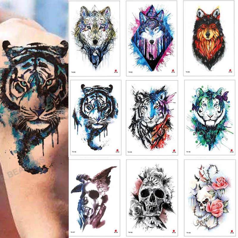 

100Pcs Waterproof Flower Animal Temporary Tattoo Sticker Wholesales Rose Flash Wolf Tiger Body Art Arm Sexy Men Women Sleeve