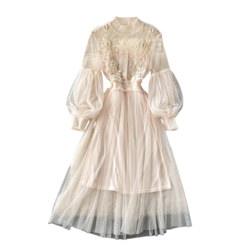 2Pcs/Set Fashion Summer Lace Flower Dress Lace Puff Elegant Lantern Sleeve Dress Korean Casual Long Dresses Women