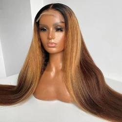 Soft Long Glueless Yaki Ombre Brown 30Inch Kinky Straight Lace Front Wig For Women With Baby Hair Synthetic Preplucked Daily