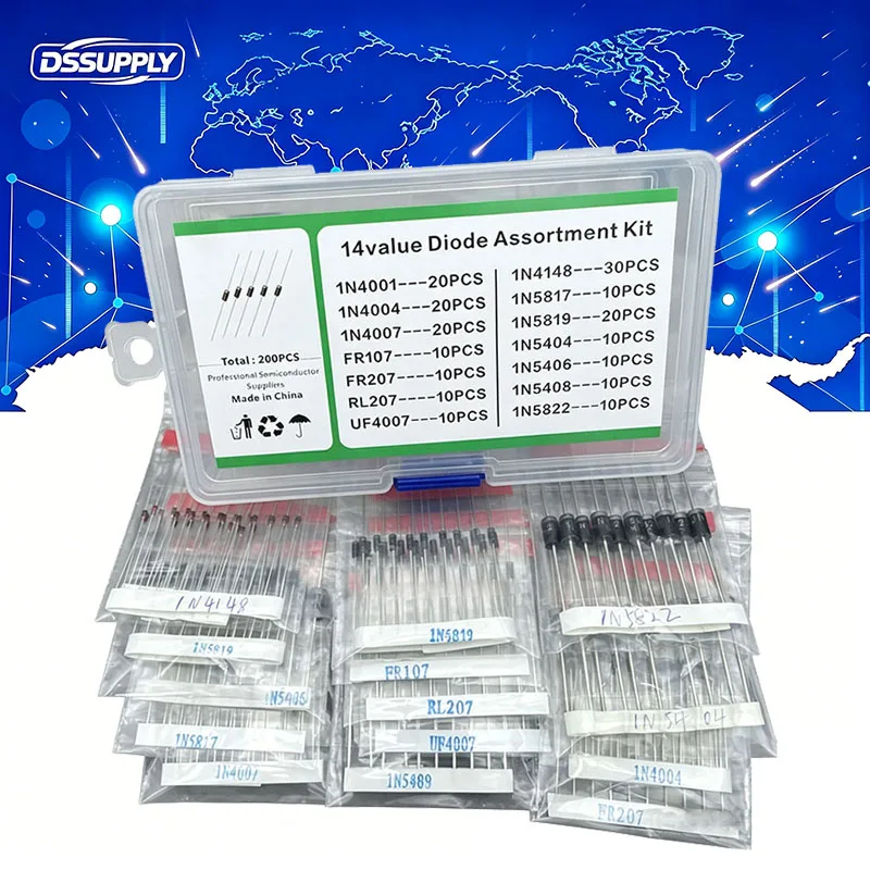 200PCS Switching Transistors Diodes Assortment KIT Fast Recovery,Rectifier 14Value Schottky Diode With Box