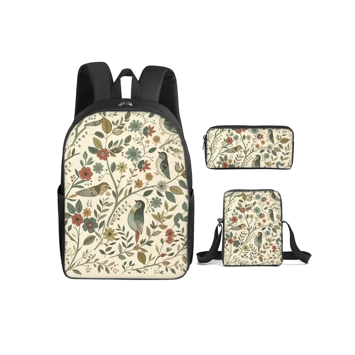 Bird Print 3Pcs/Set Backpack with Messenger Bag ,Pencil Bags for Boy/Girl Best Gift Cartoon Student School Bags