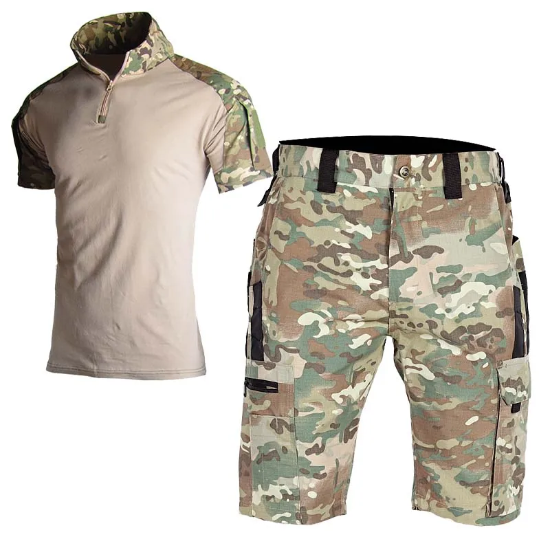 Men's Camo Tactical Outdoor Shorts Set Quick Dry Multi-pocket Wear-resistant Hiking Camping Travel Activity Suit