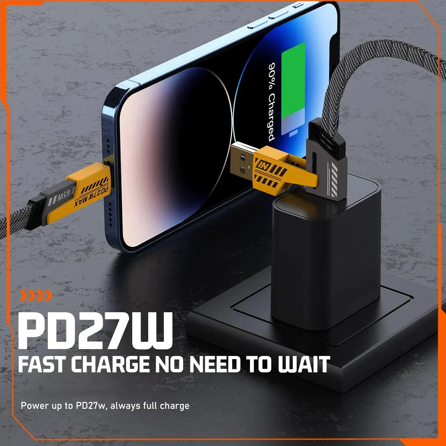 65W Mecha 4-Mode Fast Charging Data Cable PD 27W Braided Type C Cable Multi-Function Charging Cord 1.5M For Phone Laptop Tablet Fast Charging