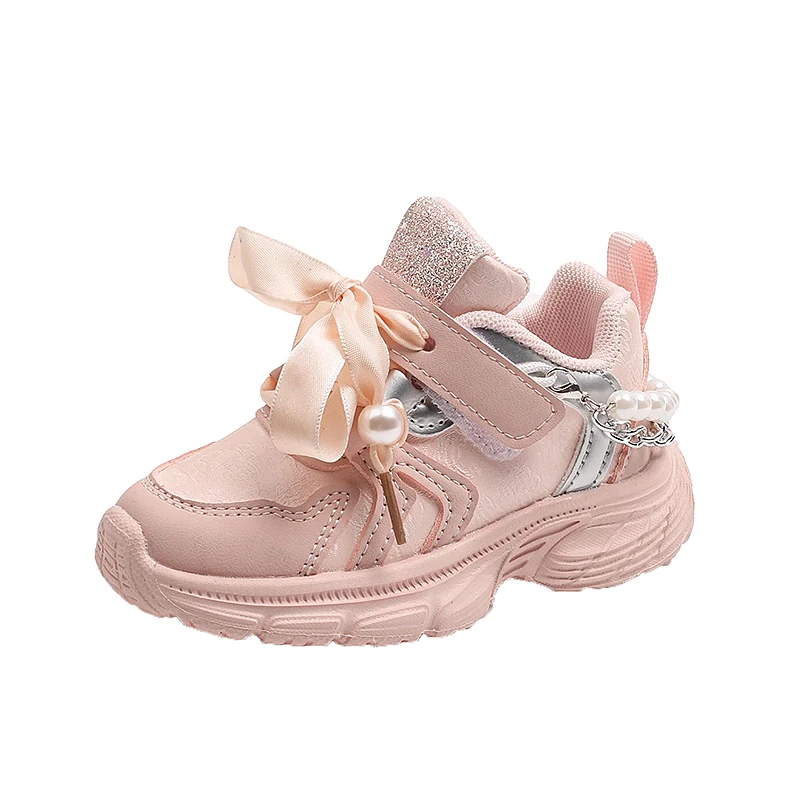 Girls Bow-tie Design Sneakers Baby Anti-slip Soft Casual Shoes Little Princess Fashion Metal Beading Decoration Sports Shoes