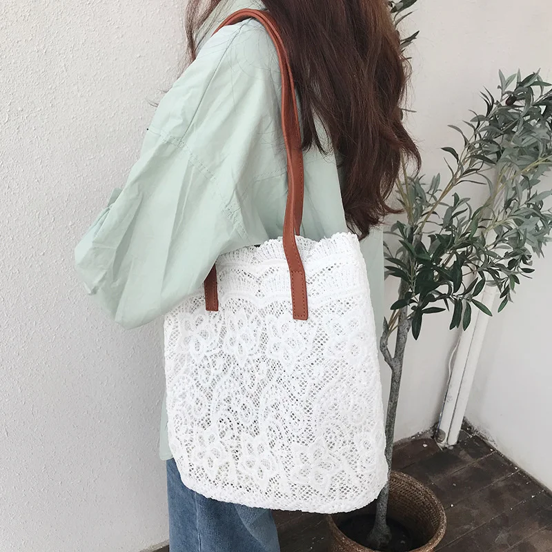 Fashion Bucket Shoulder Bag Female Summer Lace Tote Large Capacity Women\'s Casual Shopping Bag Beach Bag