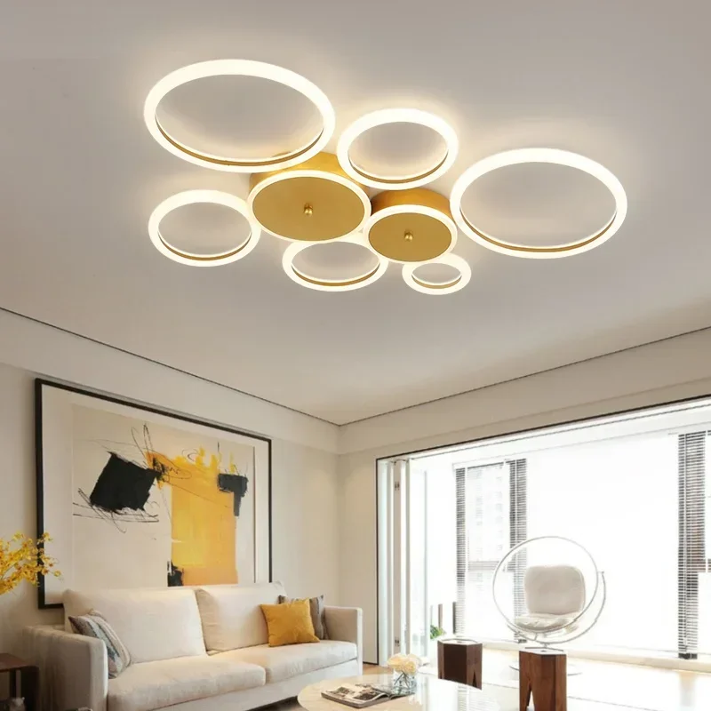 New Gold Iron Acrylic Led Chandelier Lighting For Living Study Room Bedroom Creative Circle Lights Indoor Lamp Dimmable Fixtures