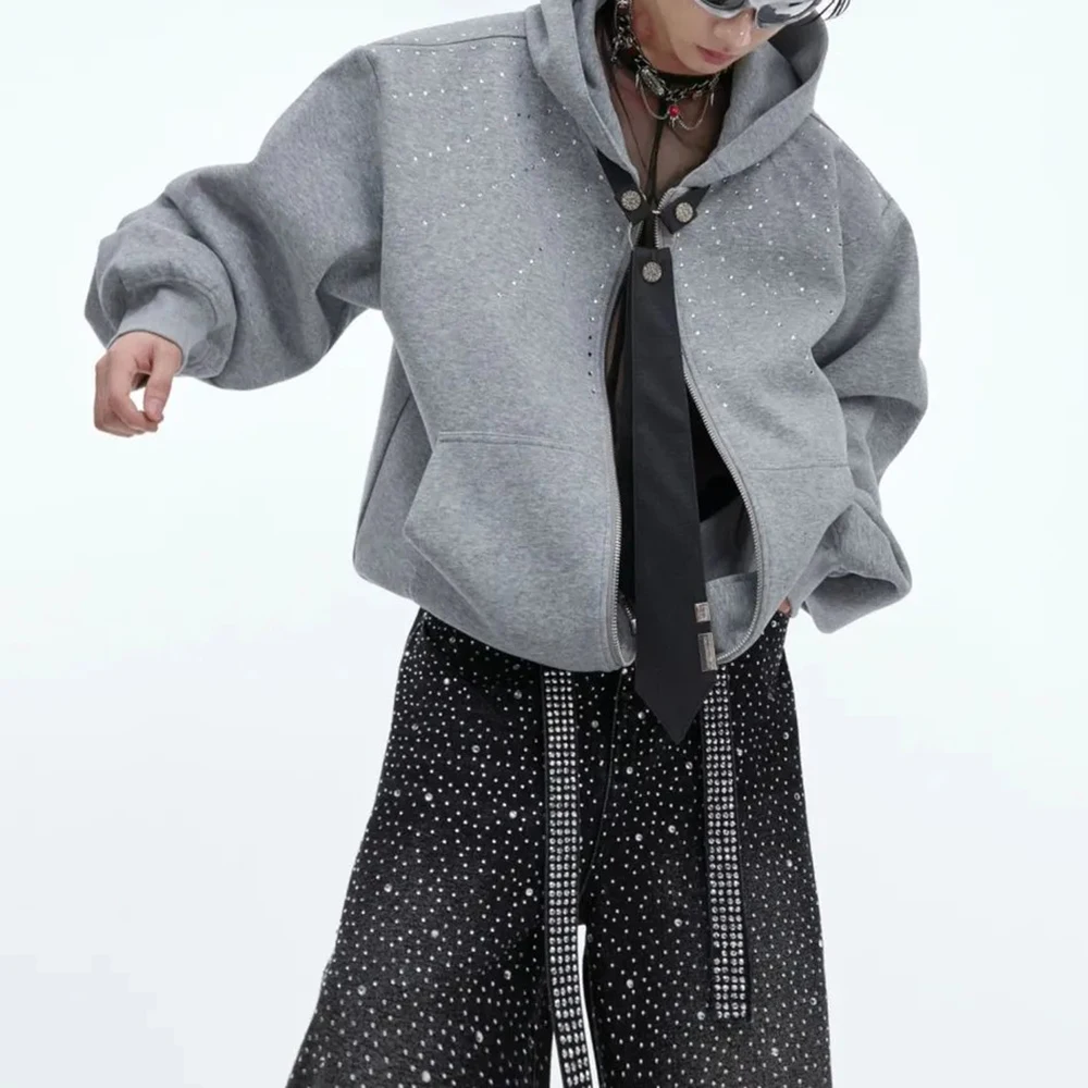 

Winter New Male Long-Sleeve Rhinestone Hooded Sweatshirt American Retro Fashion Trendy High Street Loose Casual Niche Men's Top