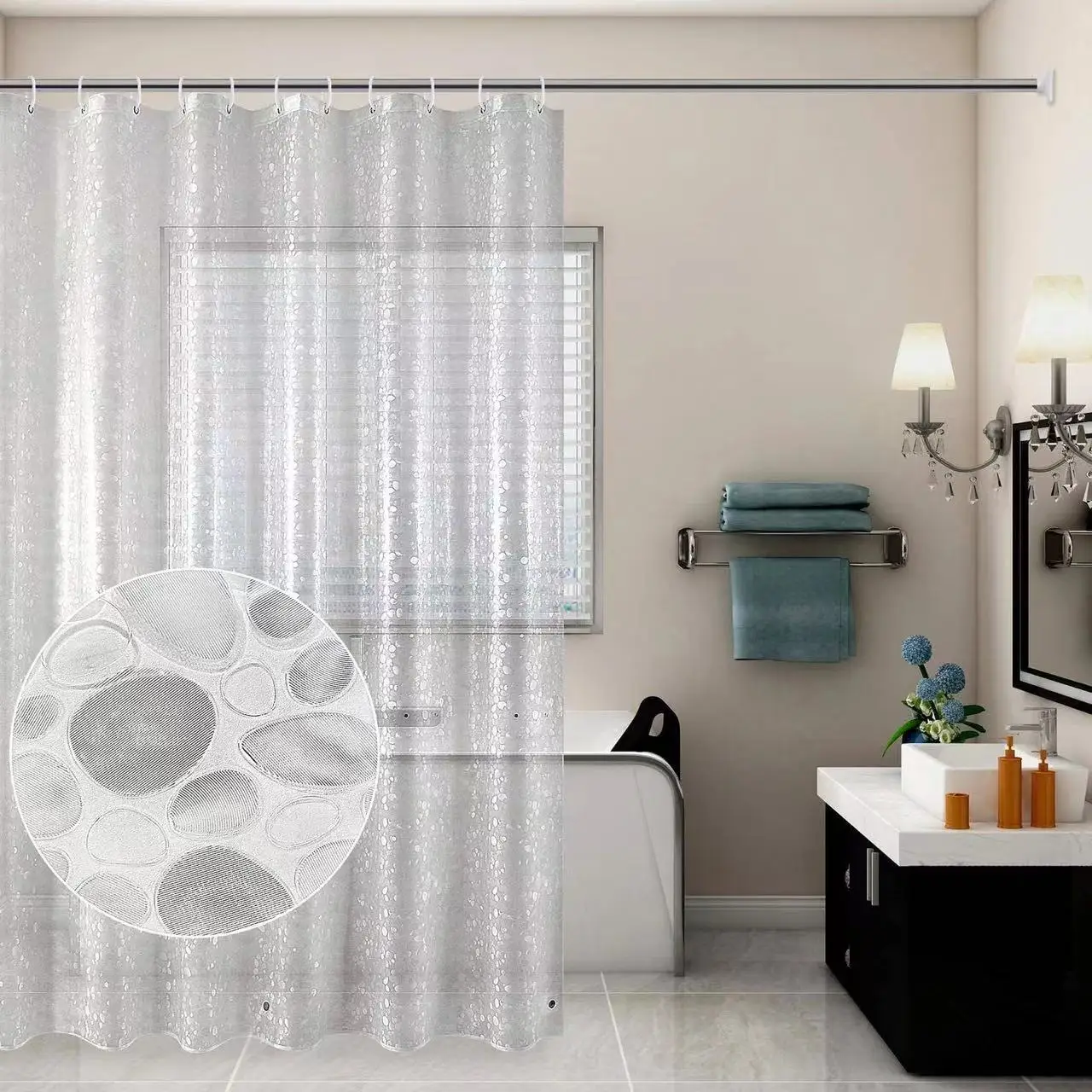 Nordic PEVA Shower Curtain - Pebble Texture Privacy Design with Metal Hooks & Hiding Effect