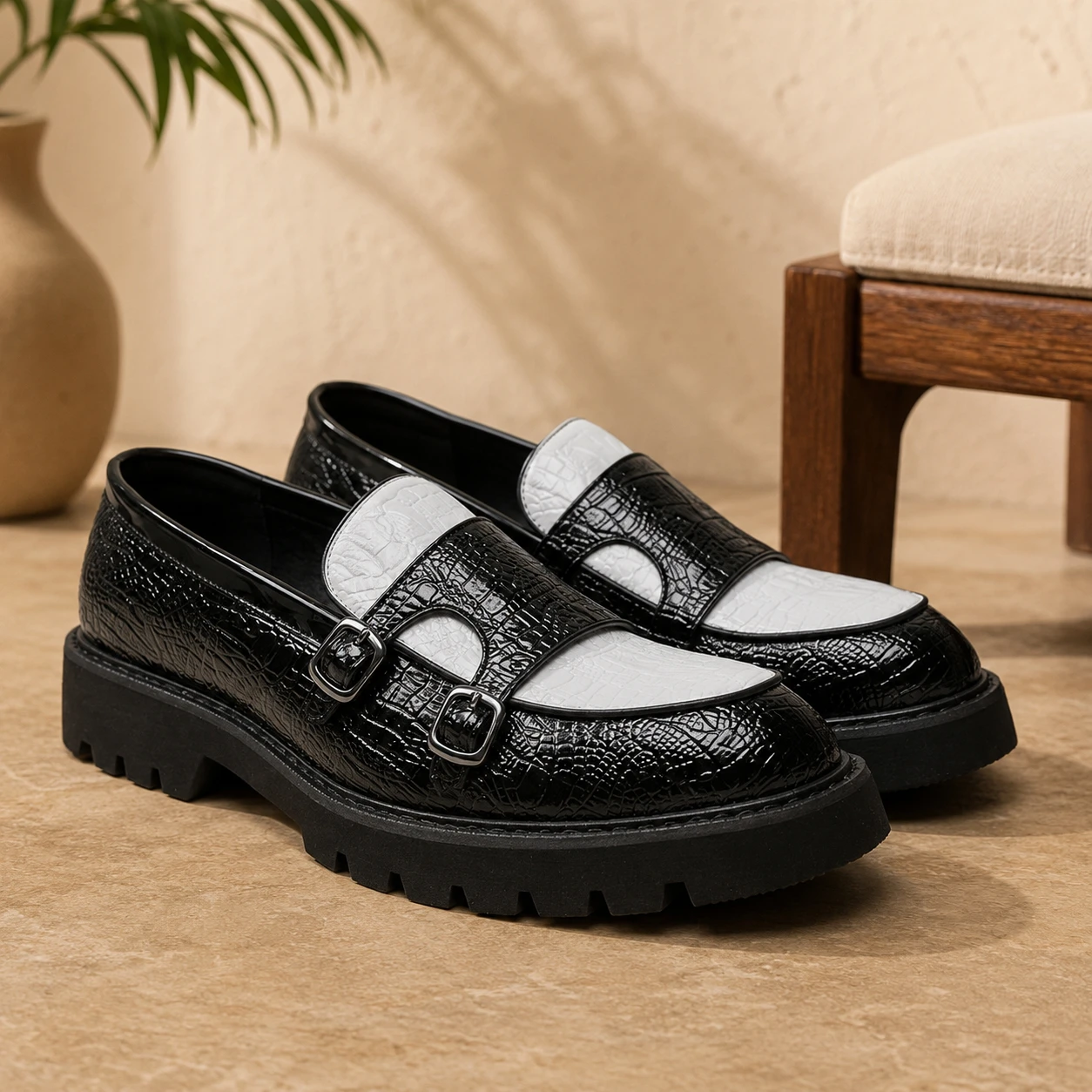 Premium Men's  Double Button Loafers Large Size 3948 Black White Color Block Crocodile Embossed SlipOn Casual Leather Shoes