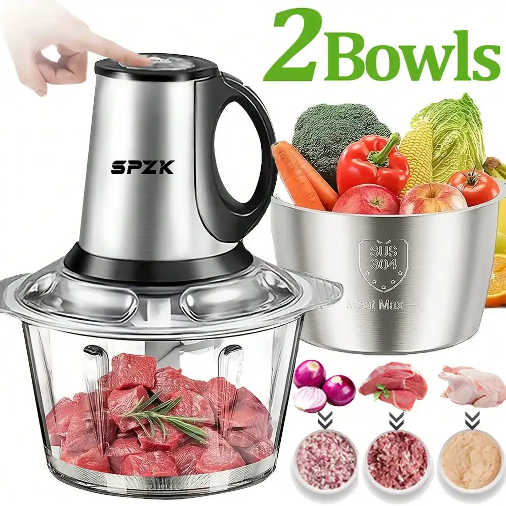 

SPZK Food Processor, 3-Speed Electric Food Chopper With Vegetable Chopper & Meat Grinder - 2 Bowls (8 Cup Stainless Steel+8 Cup