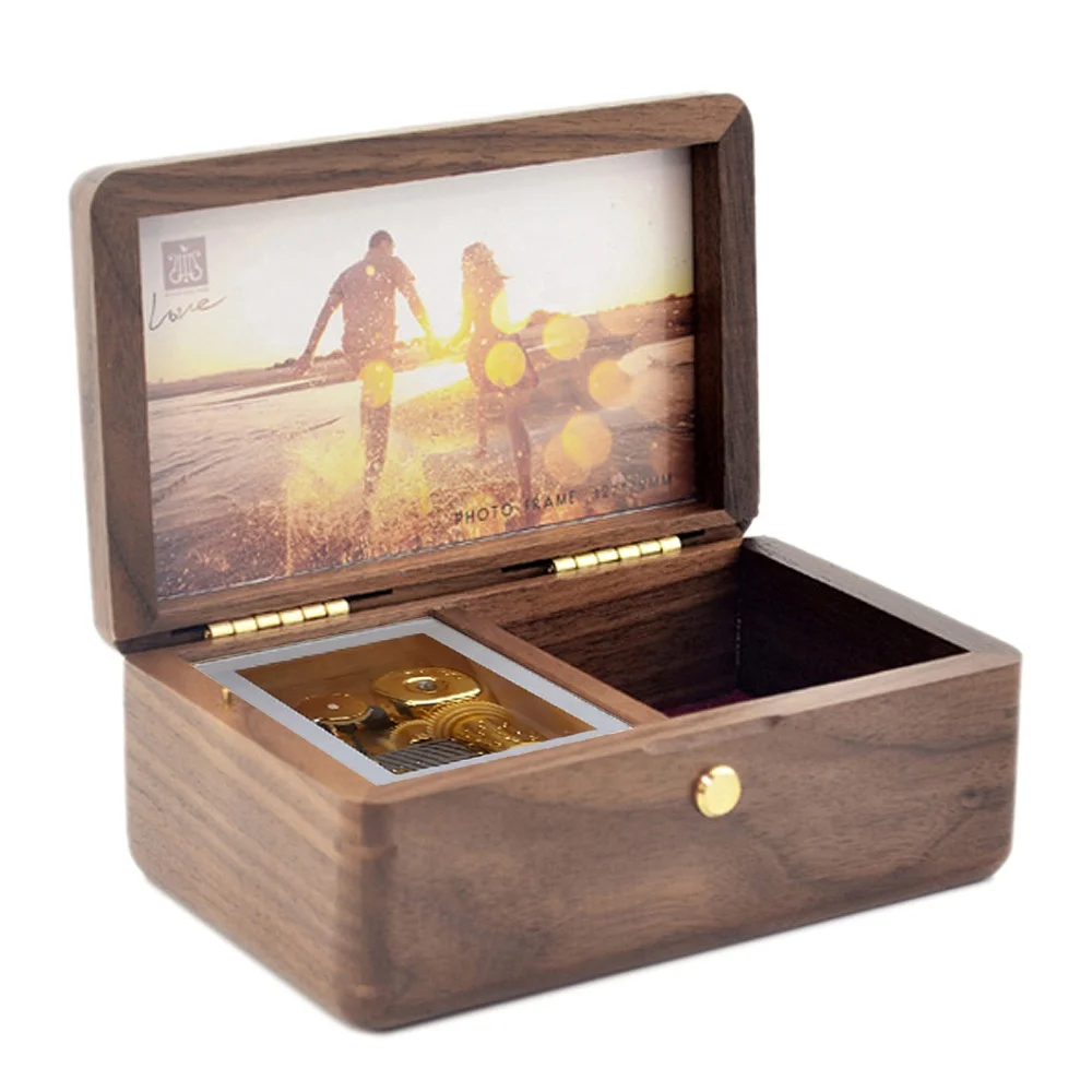 

Wholesale Wooden Vintage Music Box Solid Wood Jewelry Box DIY Photo Save Memories Custom Engraving