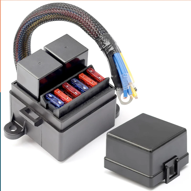 12V Pre-Wired Fuse Relay Box, 2 Relays and 6 ATC/ATO Blade Fuses, 4-Pin 80A Relay Block and Kit, for Cars Truck RV Motorcycle