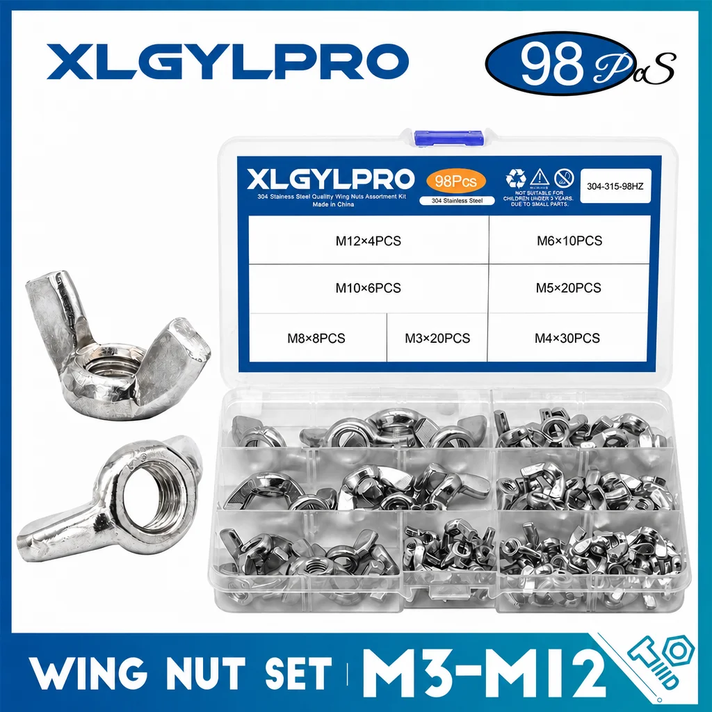 XLGYLPRO 98pcs Wing Nut assortment kit M3 M4 M5 M6 M8 M10 M12 Stainless Steel Wingnuts butterfly nuts for drum bicycle DIN315