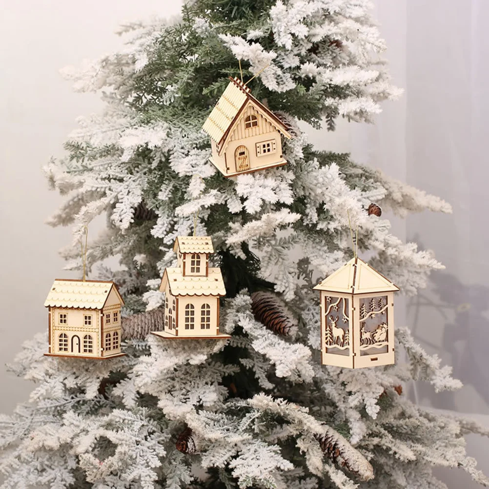 

Wooden Christmas Tree Pendant Lighted Cabin Xmas New Year Hanging Christmas Decor Holiday Season Home Wall Decorations