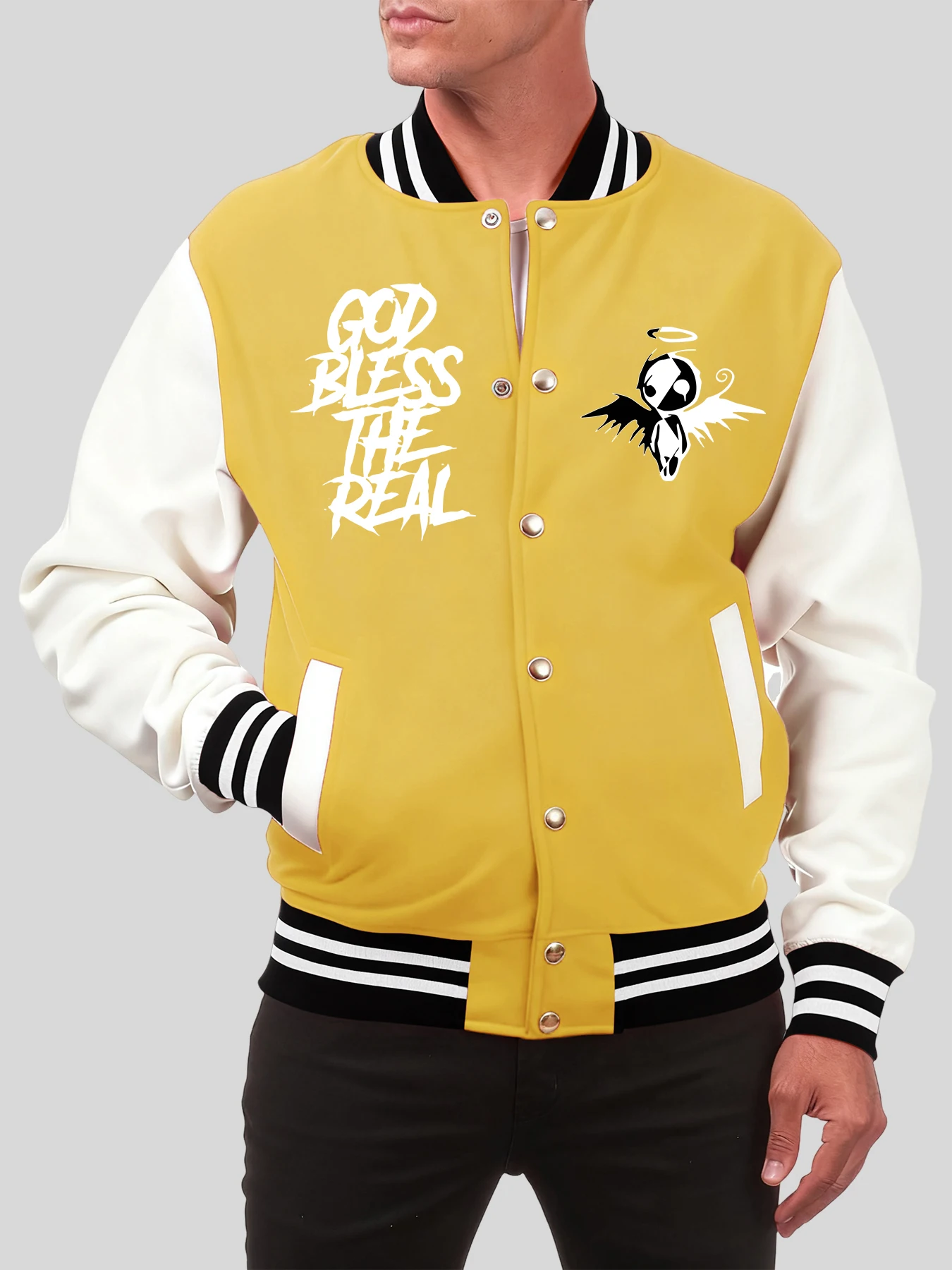 

God Bless The Real Print Мужские американские куртки на пуговицах Повседневная бейсбольная форма Осенняя красочная куртка Хлопковая одежда больших размеров