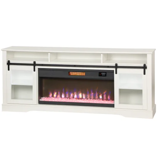 !@Mid-Century Modern TV Console with Electric Fireplace Open Storage Side Cabinets Glass MDF for Bedroom Home Use