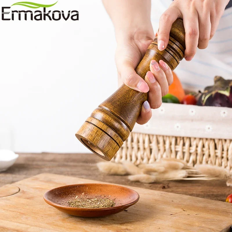 ERMAKOVA 5 or 8 Inch Solid Wood Salt and Pepper Mill Shaker with Strong Adjustable Ceramic Grinder Kitchen Gadget Tools