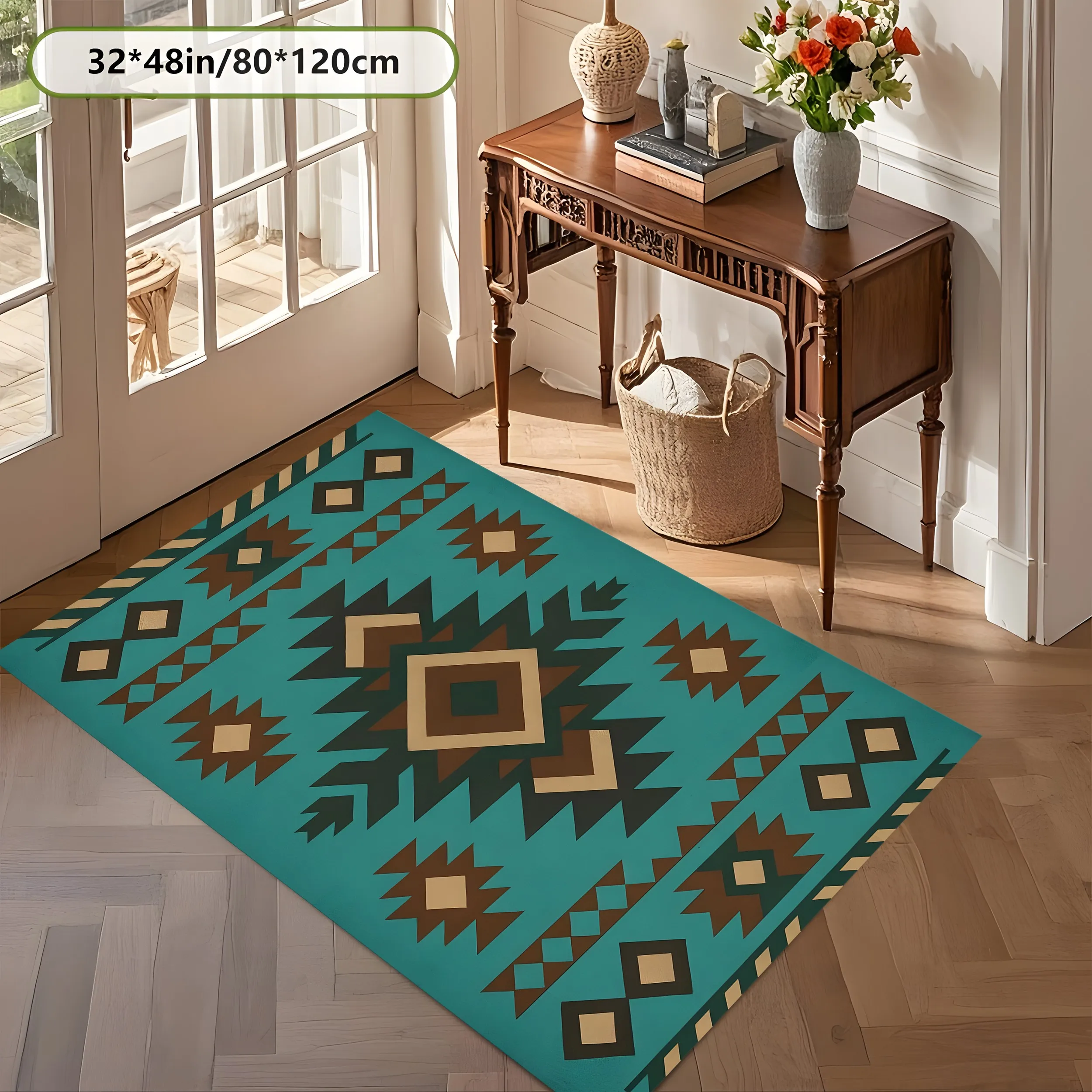 Large Area Rug with Ethnic Geometric Diamond Pattern, Retro Bohemian Style, for Living Room Bedroom Whole House
