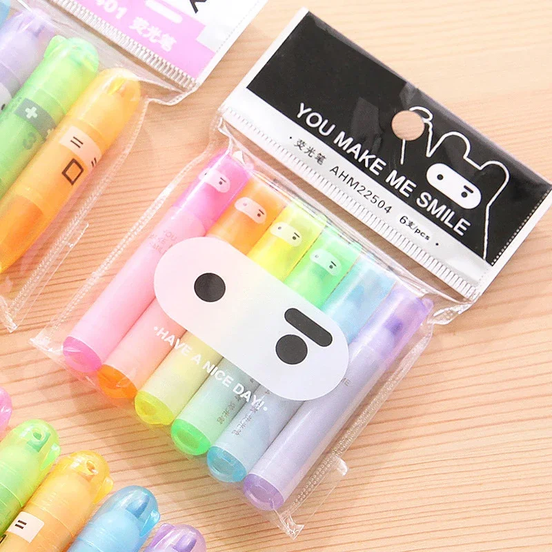 6pcs Cartoon Color Highlighter Marker Pens Set 1-3mm Oblique Tip Spot Liner Drawing Highlighting Tools School