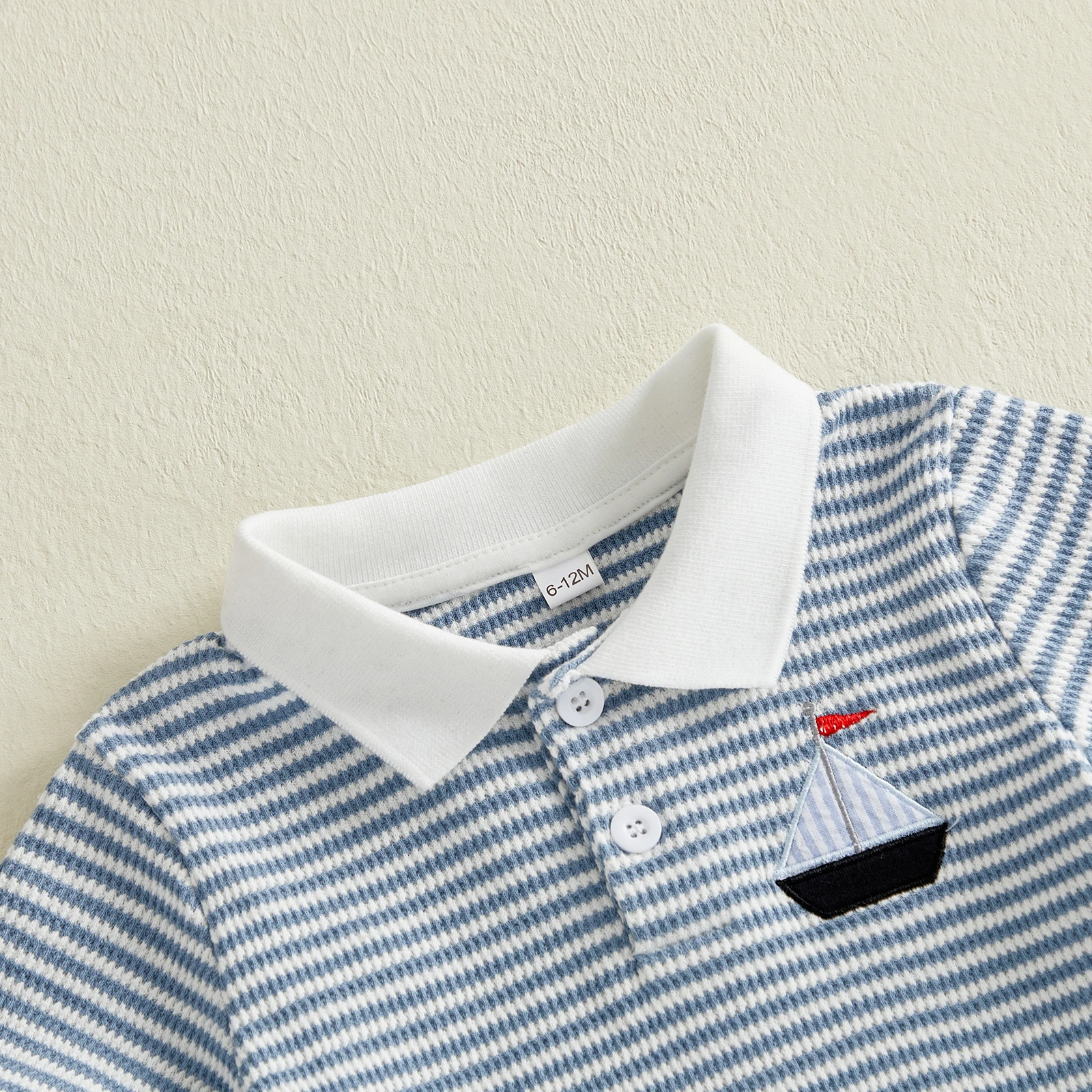 Toddler Baby Boy Summer Outfit Sailboat Embroidered Striped Button Turn Down Neck Short Sleeve T shirt Tops Shorts 2 Pcs Set