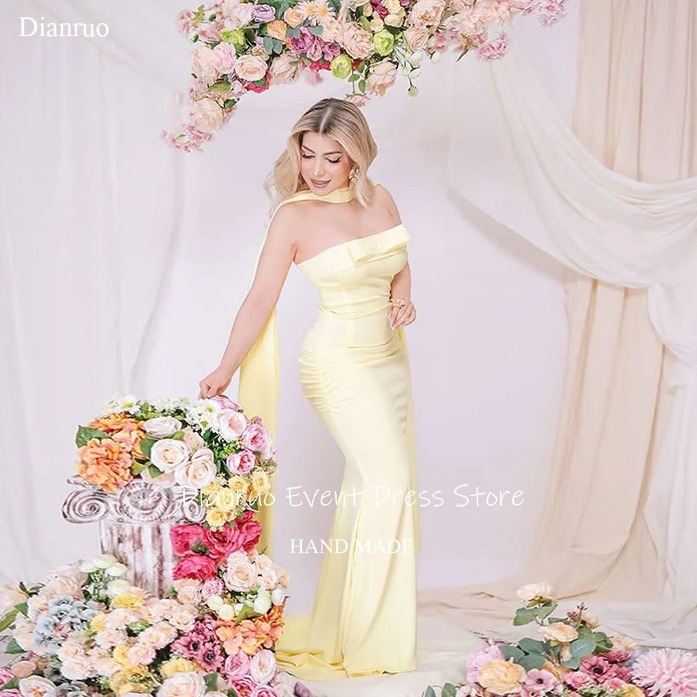

Dianruo Русалка Желтые вечерние платья без бретелек с лентами Robe De Soirée Femme Элегантные облегающие платья без рукавов для выпускного вечера по индивидуальному заказу