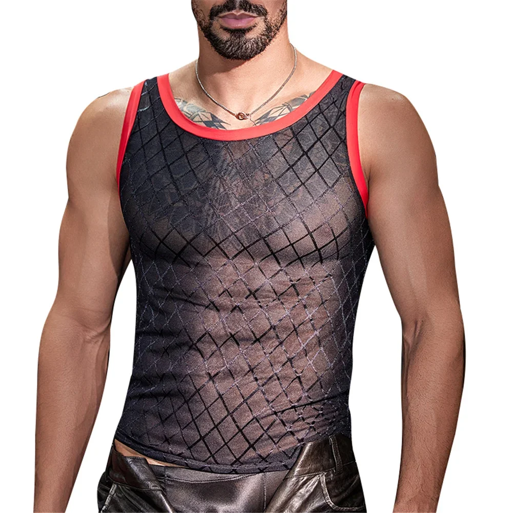Fierce Man's Thin Breathable Vest Diamond Grid Sheer See Through Tank Tops High Elastic Tight Erotic Lingerie Vest Gym Clothing