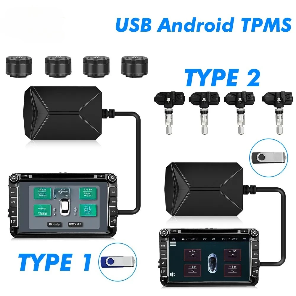 USB Android TPMS Tire Pressure Monitoring System Display Alarm System 5V Internal Sensors Navigation Car Radio 4 Sensors