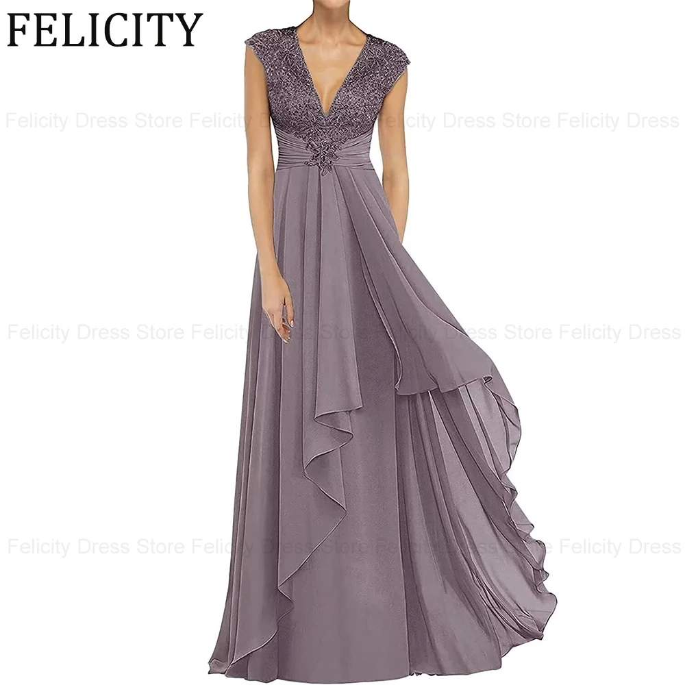 

FELICITY Elegant Mother of the Bride/Groom Dress 2024 New Beading A-line Deep V-Neck Long Lace Chiffon Wedding Guest Party Dress