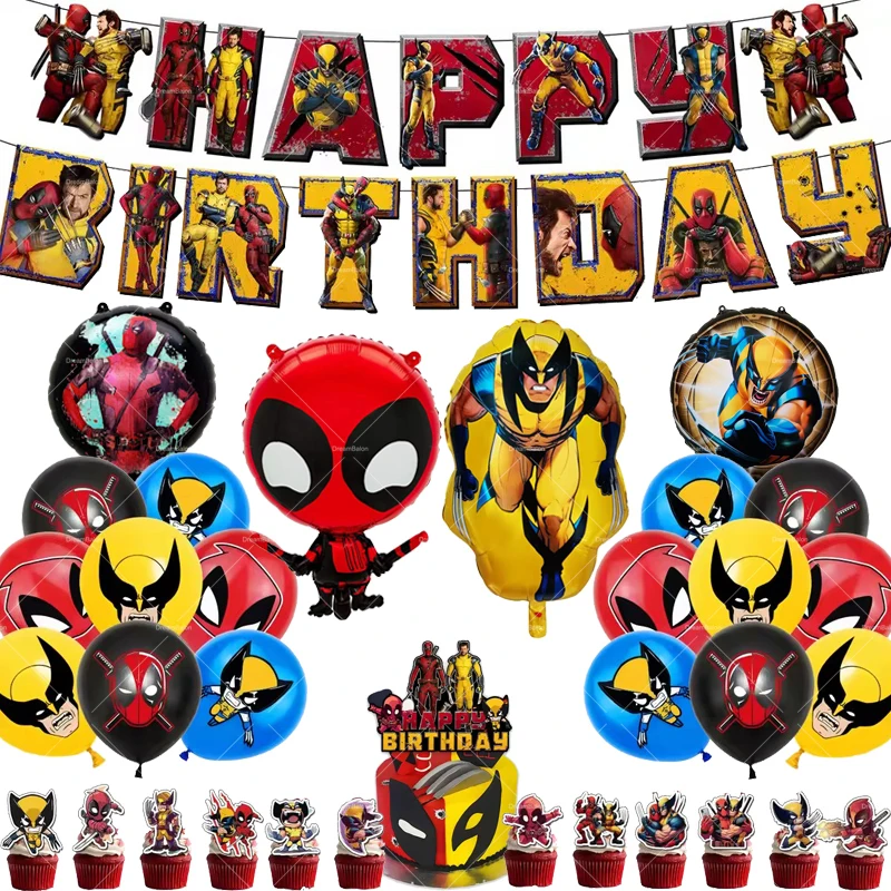 Deadpool And Wolverine Balloons Birthday Party Decoration Tableware Banner Backdrop Cake Topper Supplies Hero Keychain Stickers