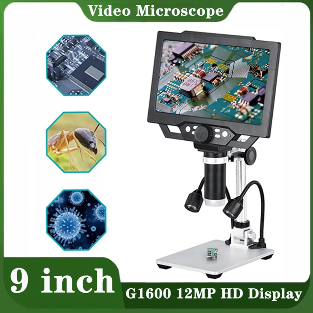 G1600 9 pollici Video microscopio digitale elettronico 12MP HD LED luci Display USB opzionale per riparazione saldatura industriale 1600X