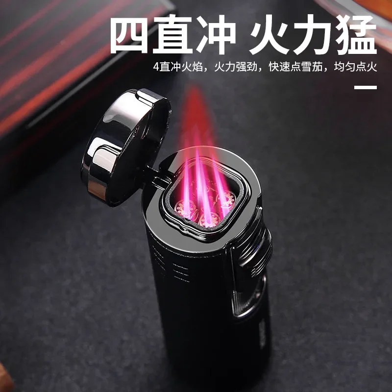 Business Lighter Metal Inflatable Four Straight Cigar Lighter Boutique Red Fire Multi-functional Cigarette Lighter Gift