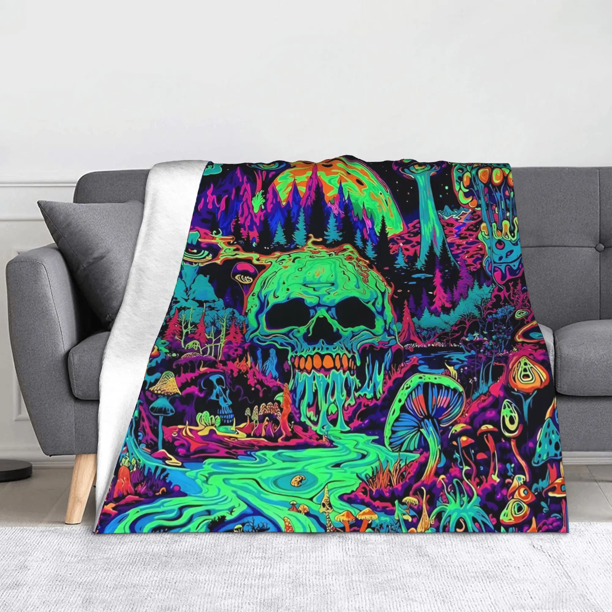 Skull Mushroom Glow in the Dark Plush Blanket Halloween Skeleton Creative Throw Blanket for Bed Sofa Couch Plush Thin Quilt