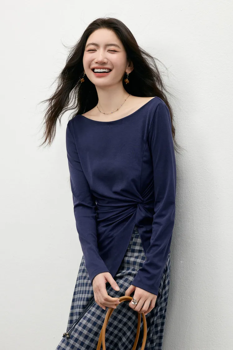 SENTUBILA Lyocell-T-Shirts für Damen, Frühling 2026, schulterfreier Ausschnitt, verdrehter, unregelmäßiger Saum, schlichte Strickoberteile W61TL5033 – Detail 15