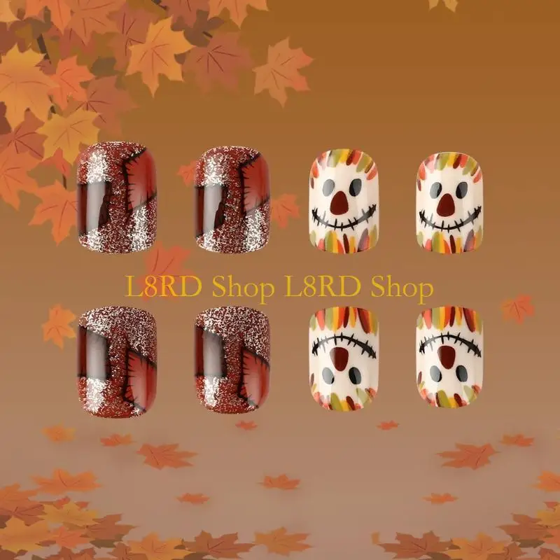 

L8RD Festive Clown Flower Nails Art Set On Manicure for Thanksgiving French Tips Press on Nails Manicure Accesories