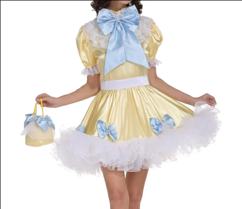 

Hot Sissy Sexy Maid Yellow Bow Princess Girl Dress Satin Fluffy Cross Dressing Cross Gender Role Play Costume Custom Lockable