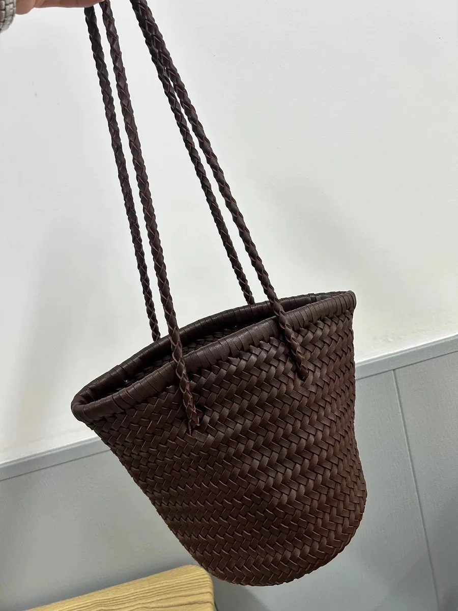 2024 Borsa a tracolla intrecciata marrone da donna, borsa shopper a spalla con coulisse intrecciata a mano retrò, borsa da spiaggia, verdura in